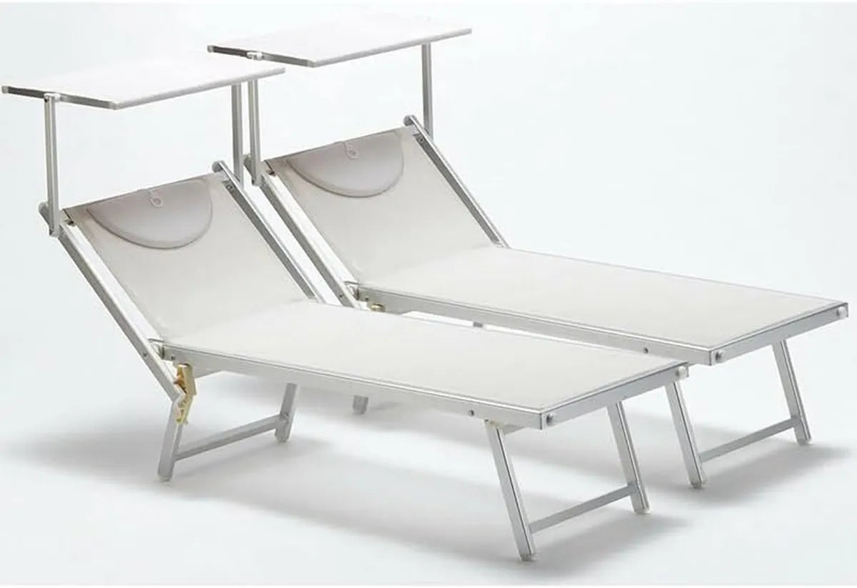 Set di Lettini Prendisole in Alluminio con Tettuccio Regolabile e Cuscino, Ideale per Giardino e Piscina, Colore Avorio