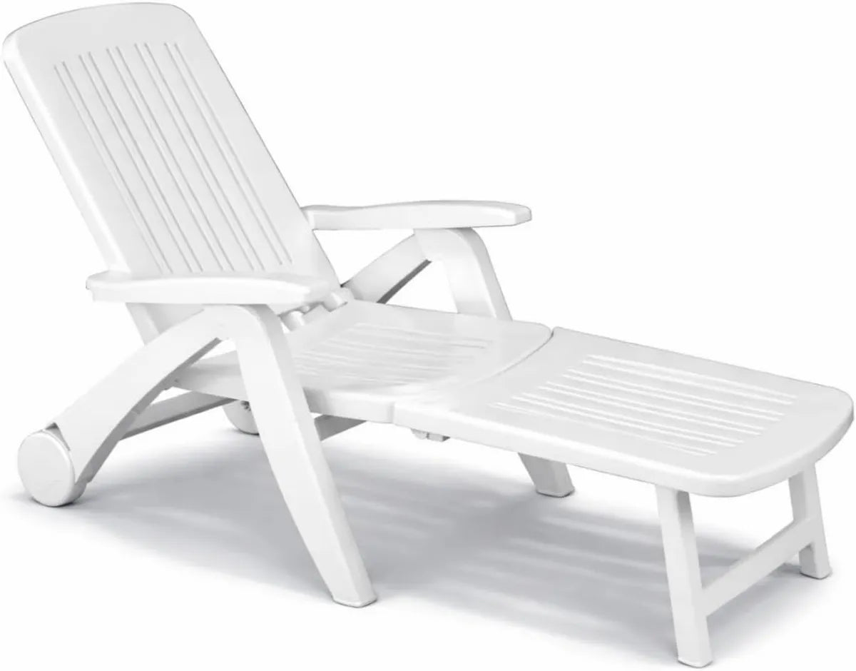 Lettino Sdraio da Giardino in Plastica con Schienale Regolabile e Ruote - Perfetto per Piscina, Spiaggia e Campeggio - Colore Bianco