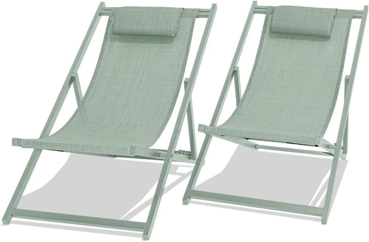 Set 2 Sedie a Sdraio Pieghevoli in Alluminio e Textilene con Schienale Regolabile Verde