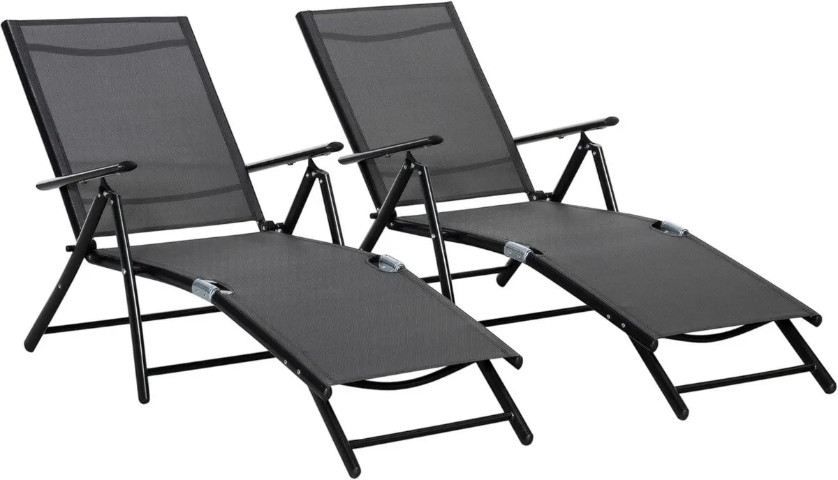 Set di 2 Sdraio Pieghevoli da Giardino Outsunny con 7 Posizioni Regolabili, Lettino Prendisole in Alluminio e Tessuto Traspirante, Colore Nero