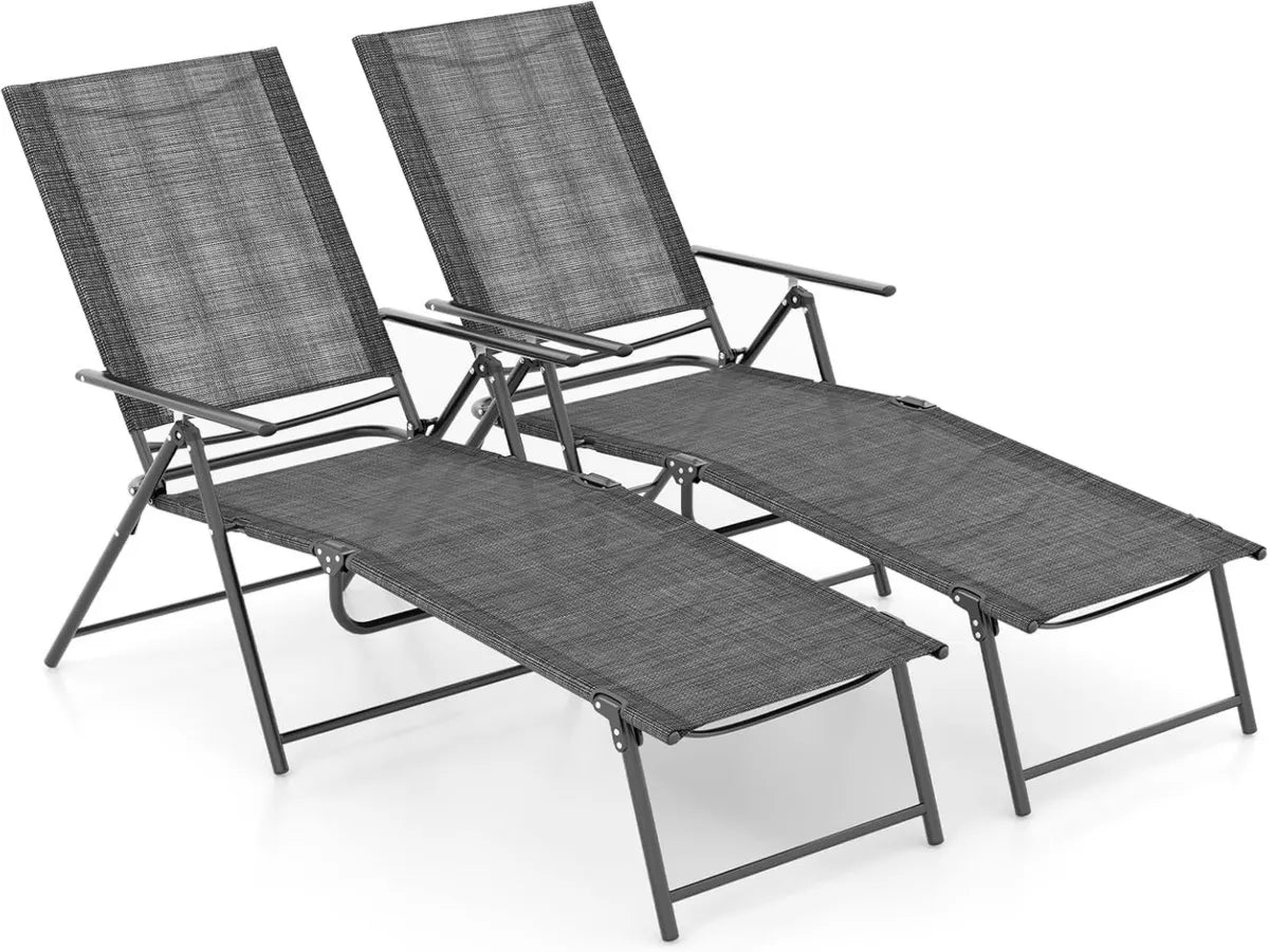 Set di 2 Lettini Sdraio Pieghevoli da Giardino con Schienale Regolabile, Textilene Grigio, per Terrazza e Piscina