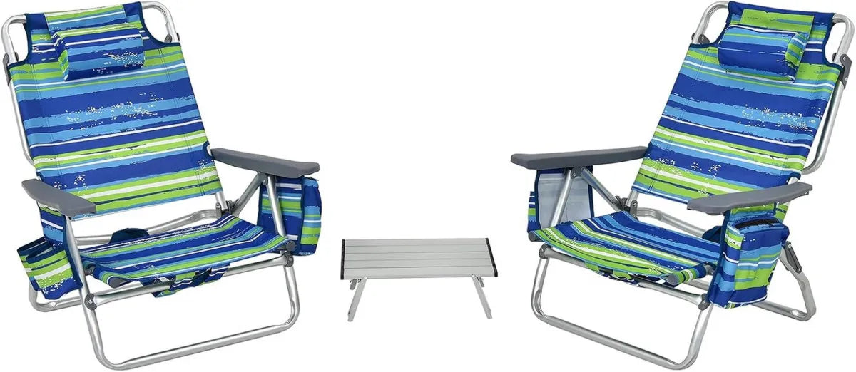 Set Lettini Prendisole Pieghevoli con Tavolino e Tasche, Sdraio Blu per Giardino e Piscina
