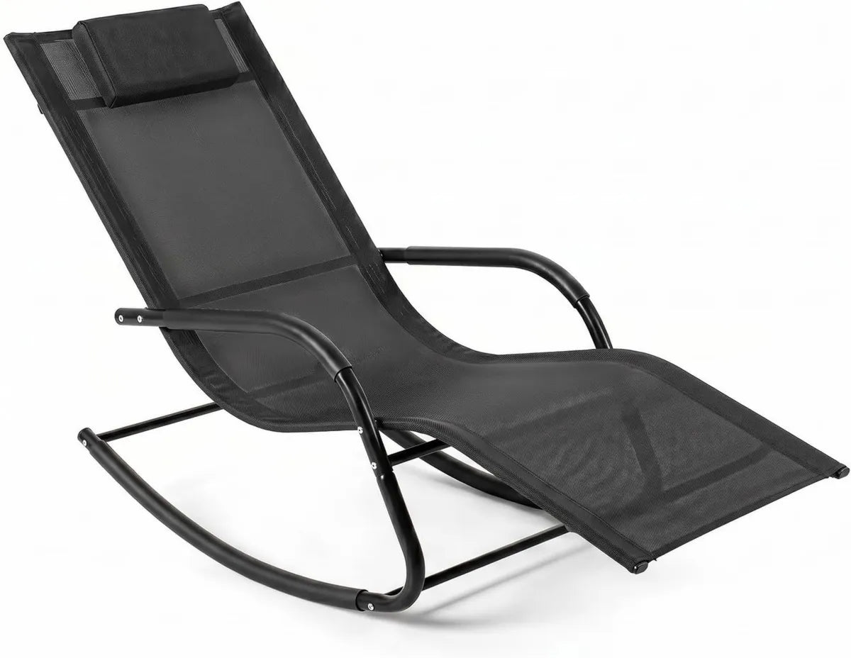 Sedia a Dondolo da Giardino con Poggiatesta Regolabile, Lettino Prendisole Traspirante per Esterno, Ideale per Balcone e Piscina, Supporto 160 kg, Nero