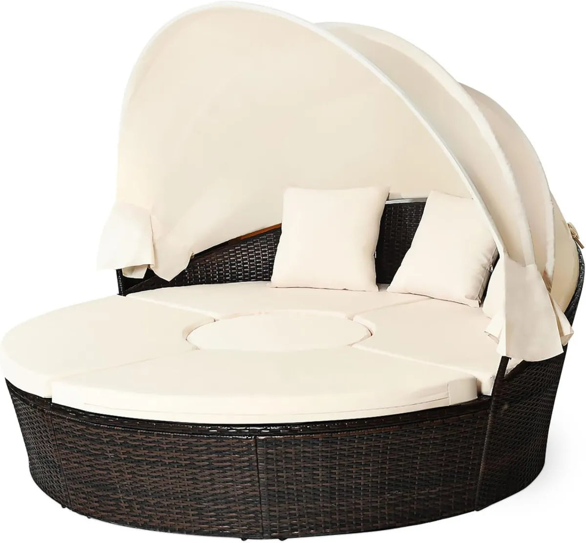 Lettino da Giardino Rotondo con Tetto e Tavolino Regolabile, Cuscini Inclusi, Capacità 360 kg, Beige