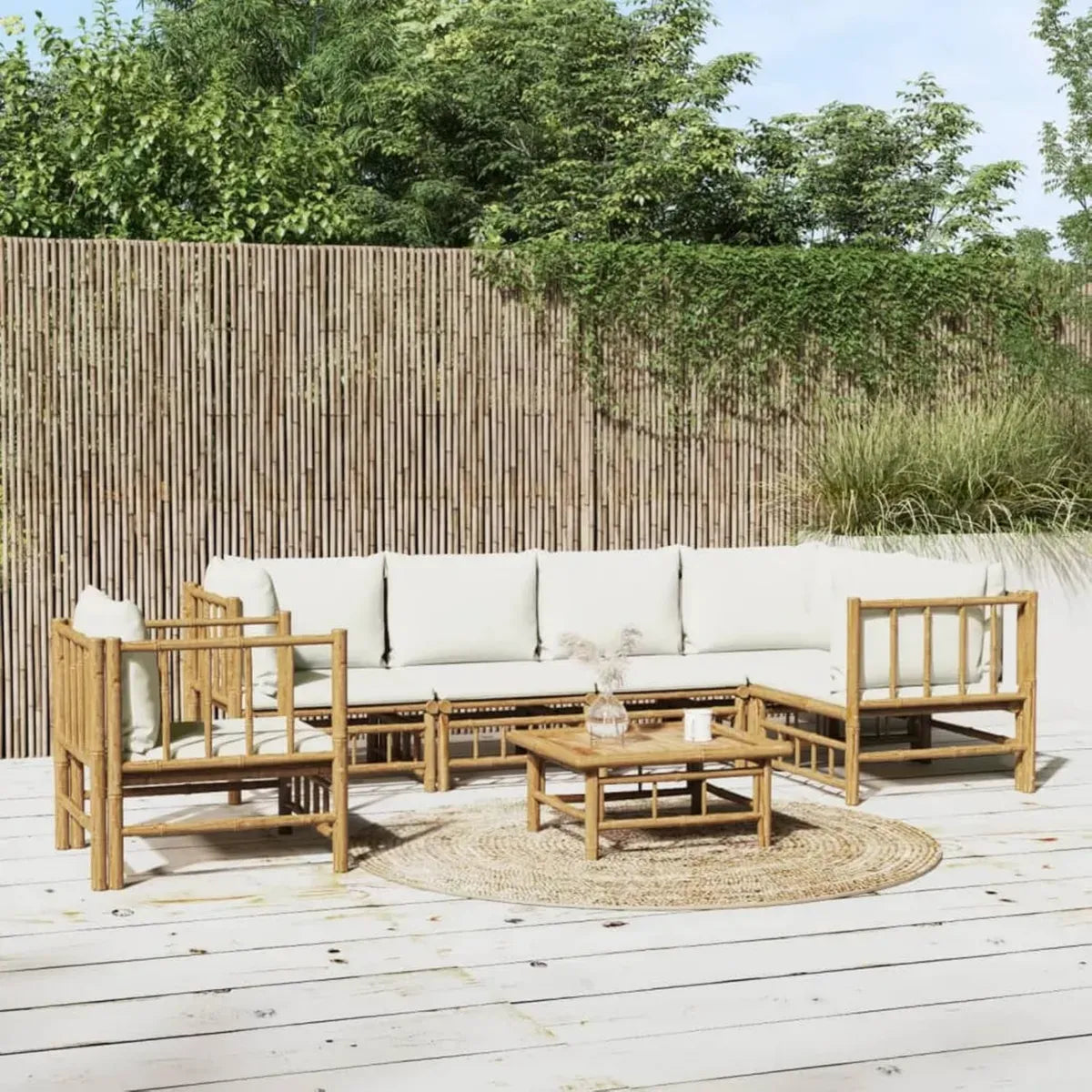 Set Salotto Esterno in Bambù con Cuscini Crema, 7 Pezzi, per Giardino e Terrazza