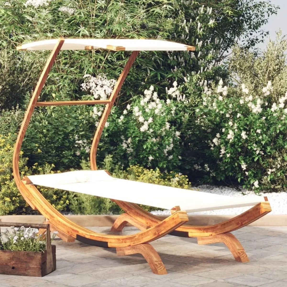 Lettino prendisole in legno massello con tettuccio regolabile crema 100x190x134 cm per esterni