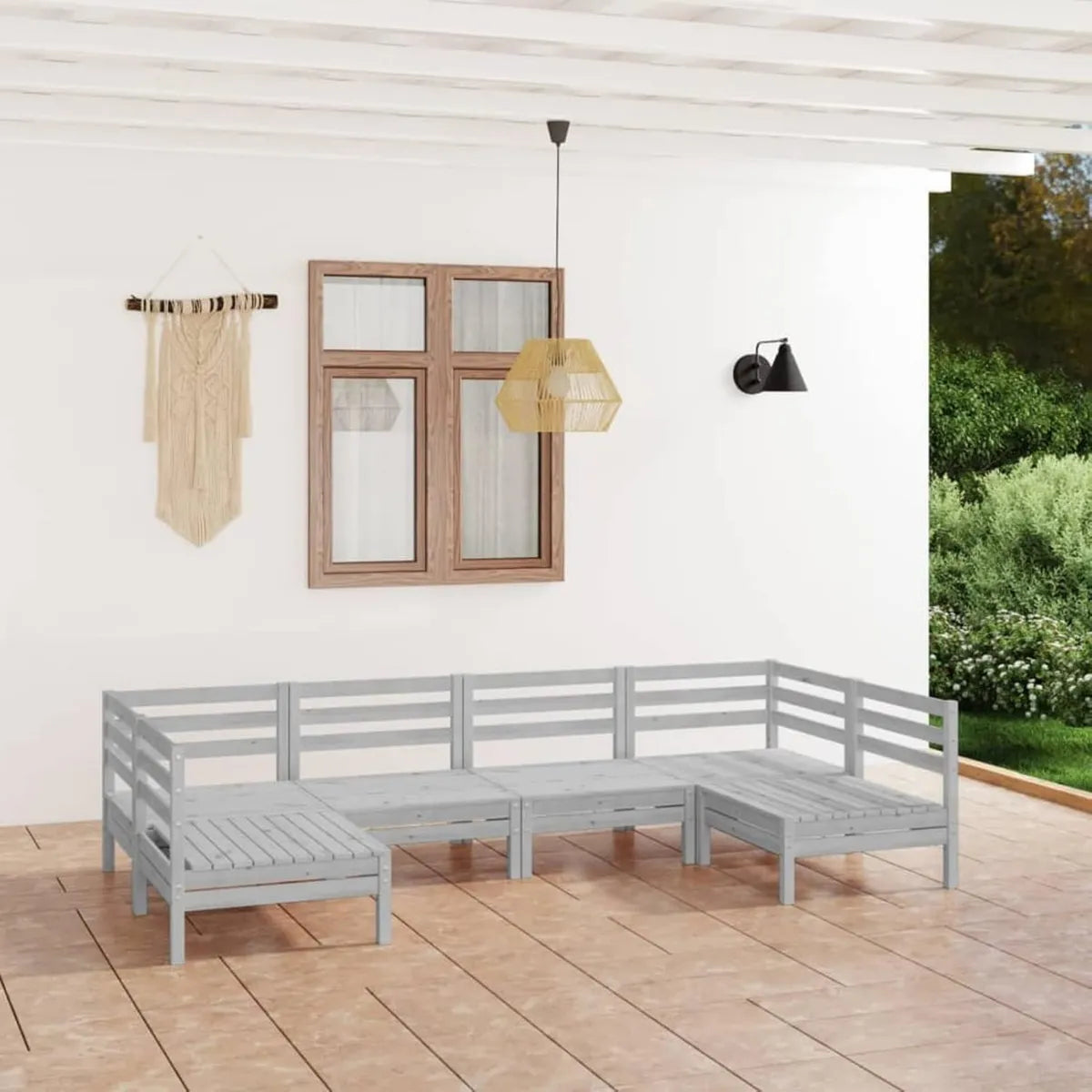 Set Arredo da Giardino 6 Pezzi in Pino Massello Bianco con Lettini Prendisole