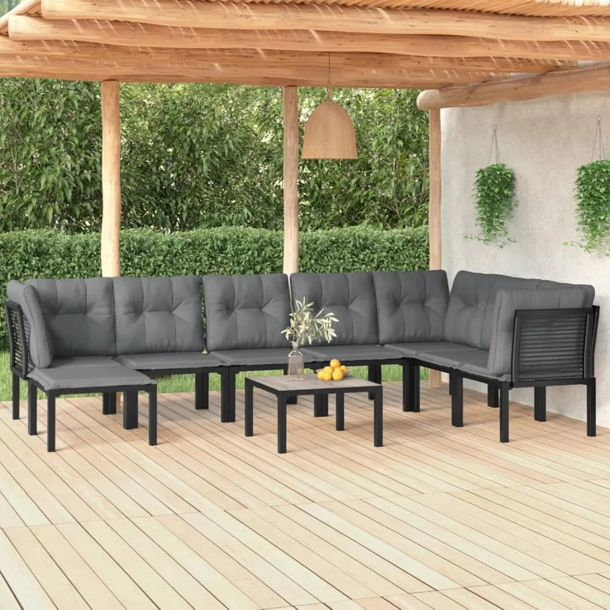 Set Salotto da Giardino 9 Pezzi in Polyrattan Nero e Grigio per Esterni