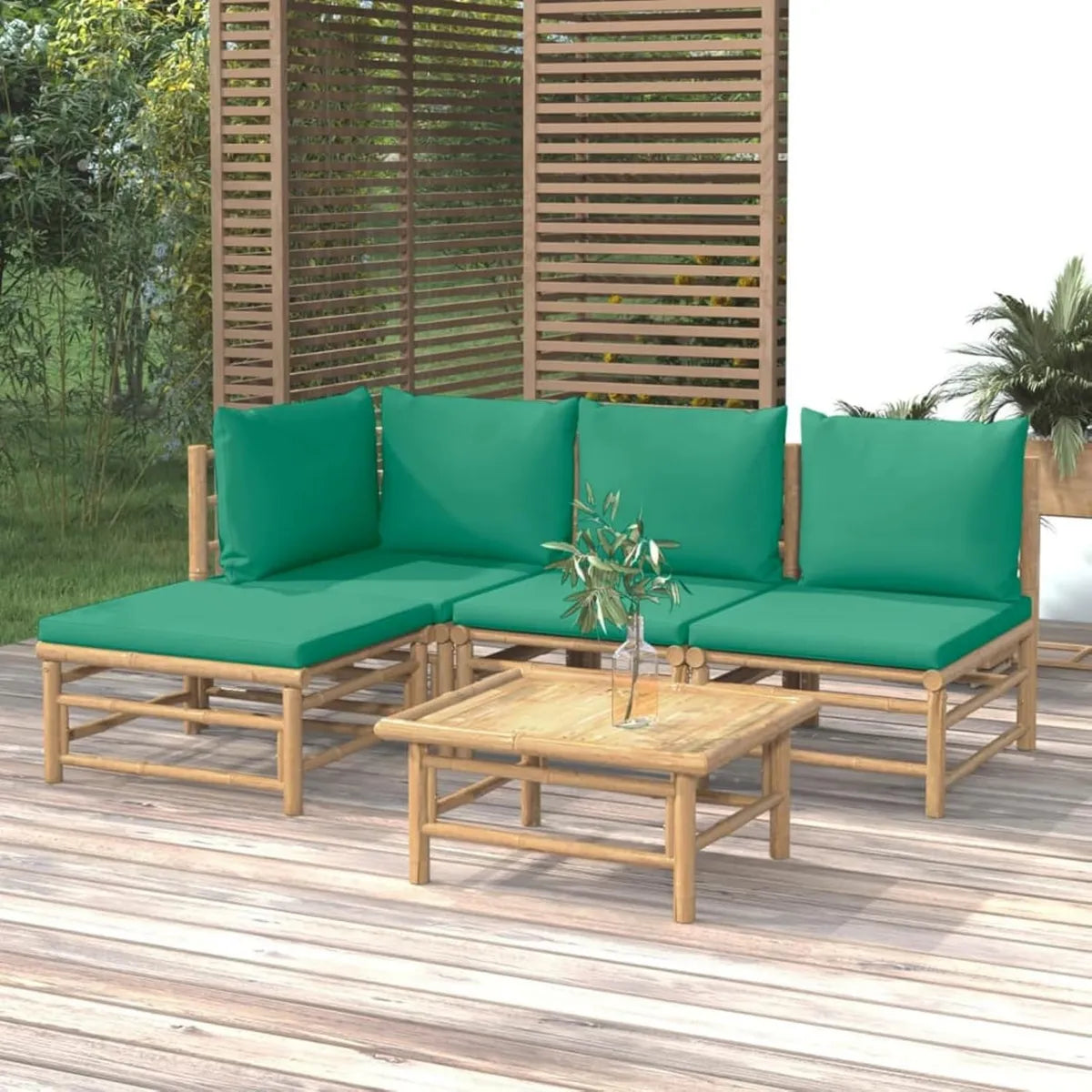 Set Arredo Giardino 5 Pezzi in Bambù con Cuscini Verdi