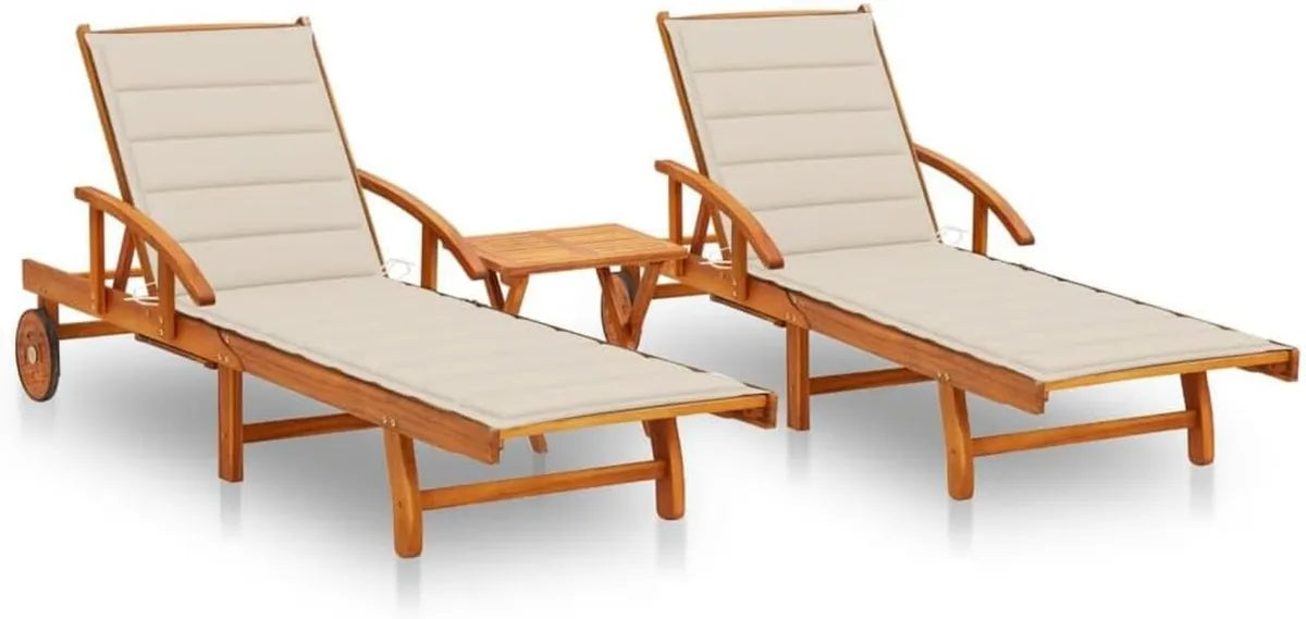 Set di Lettini Prendisole Regolabili in Legno di Acacia con Tavolino e Cuscini, Ideali per Giardino e Piscina