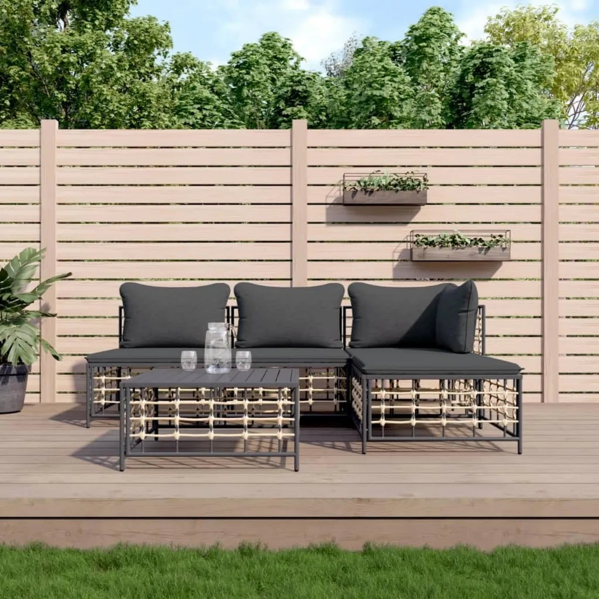 Set di Divani da Giardino in Rattan con Cuscini Antracite, Arredo per Esterni