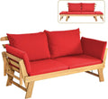 Divano Letto Esterno in Legno di Acacia con Braccioli Regolabili e Cuscini, Sdraio Pieghevole per Giardino e Piscina, Rosso