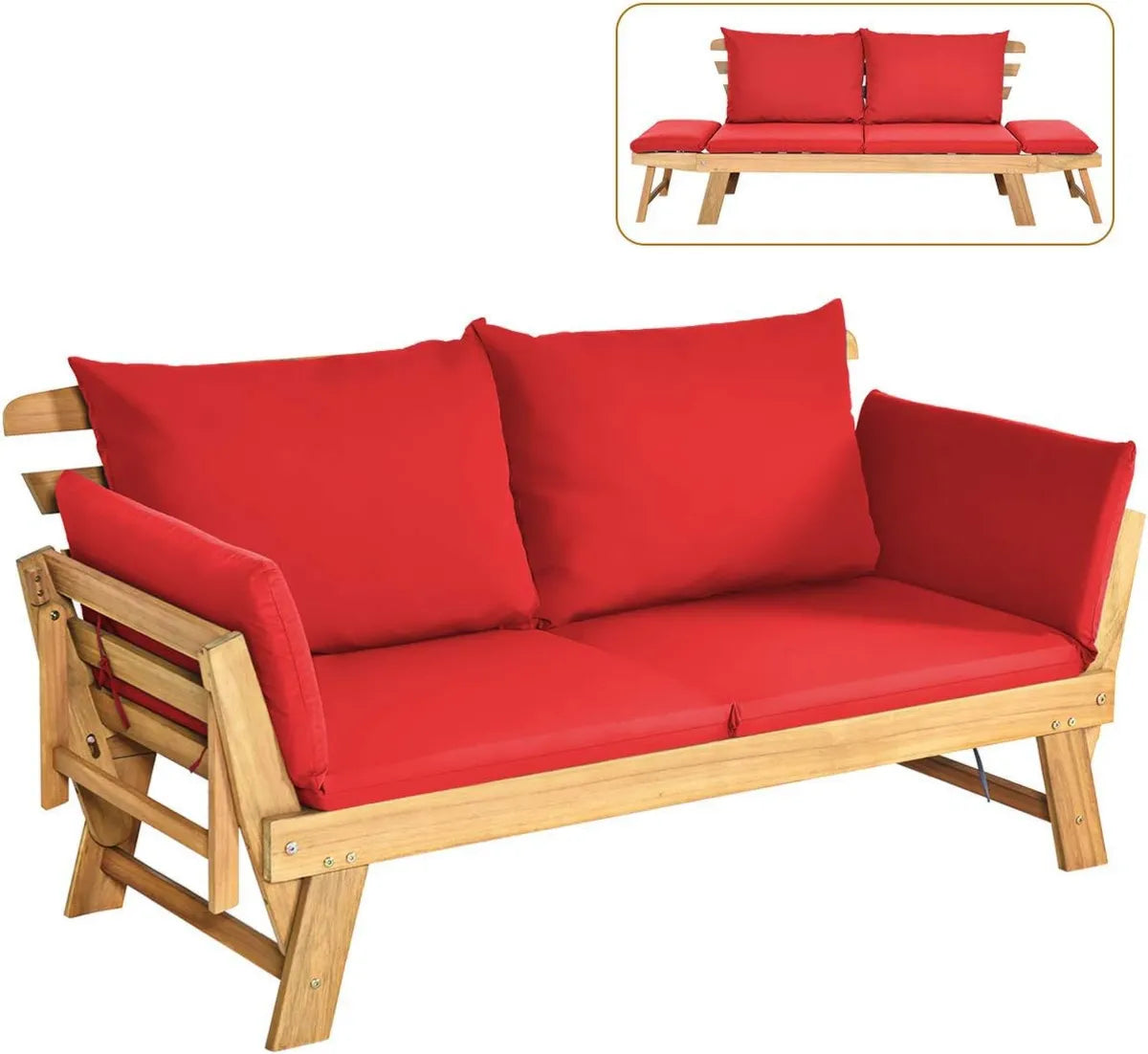 Divano Letto Esterno in Legno di Acacia con Braccioli Regolabili e Cuscini, Sdraio Pieghevole per Giardino e Piscina, Rosso