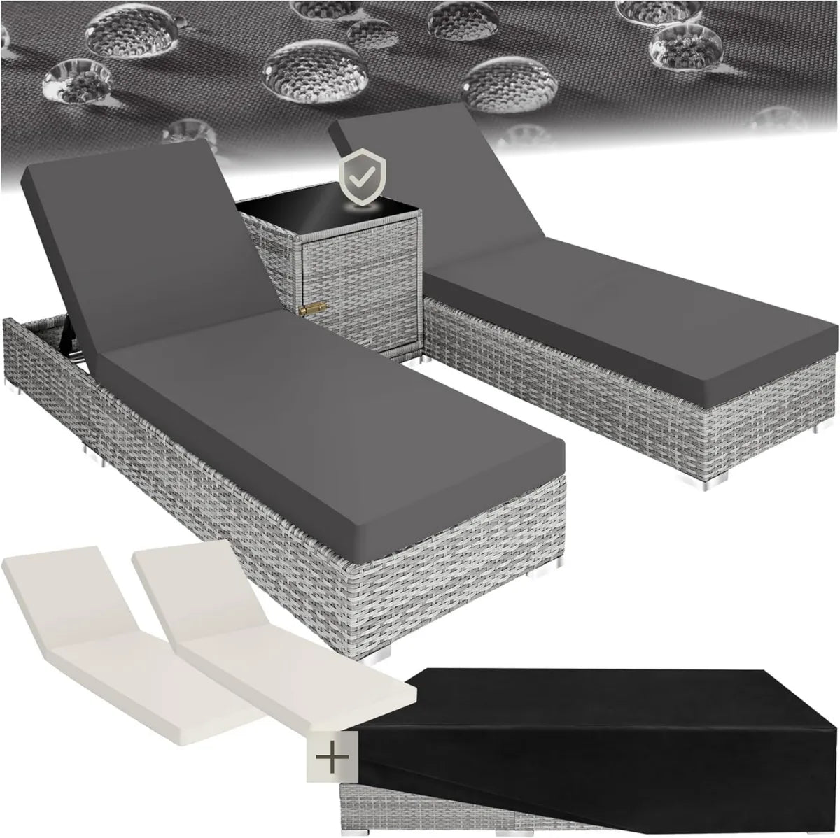 Set di 2 Lettini Prendisole in Alluminio e Rattan con Tavolo da Giardino - Grigio Chiaro