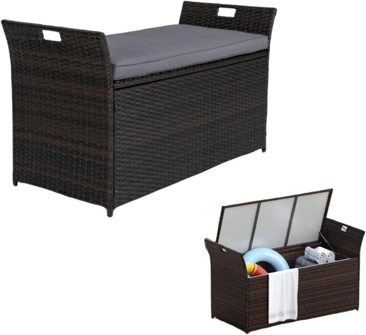Cassapanca in Rattan PE con Cuscino Removibile e Maniglie Laterali