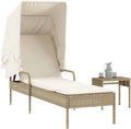 Lettino Prendisole da Giardino con Baldacchino e Tavolino Beige in Polyrattan