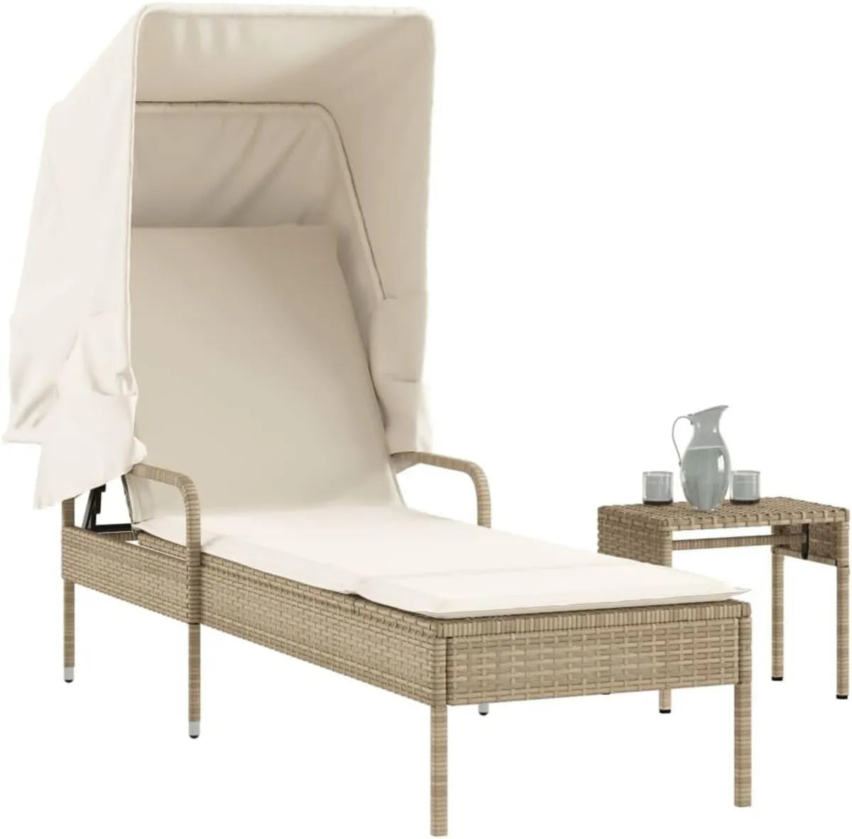 Lettino Prendisole da Giardino con Baldacchino e Tavolino Beige in Polyrattan
