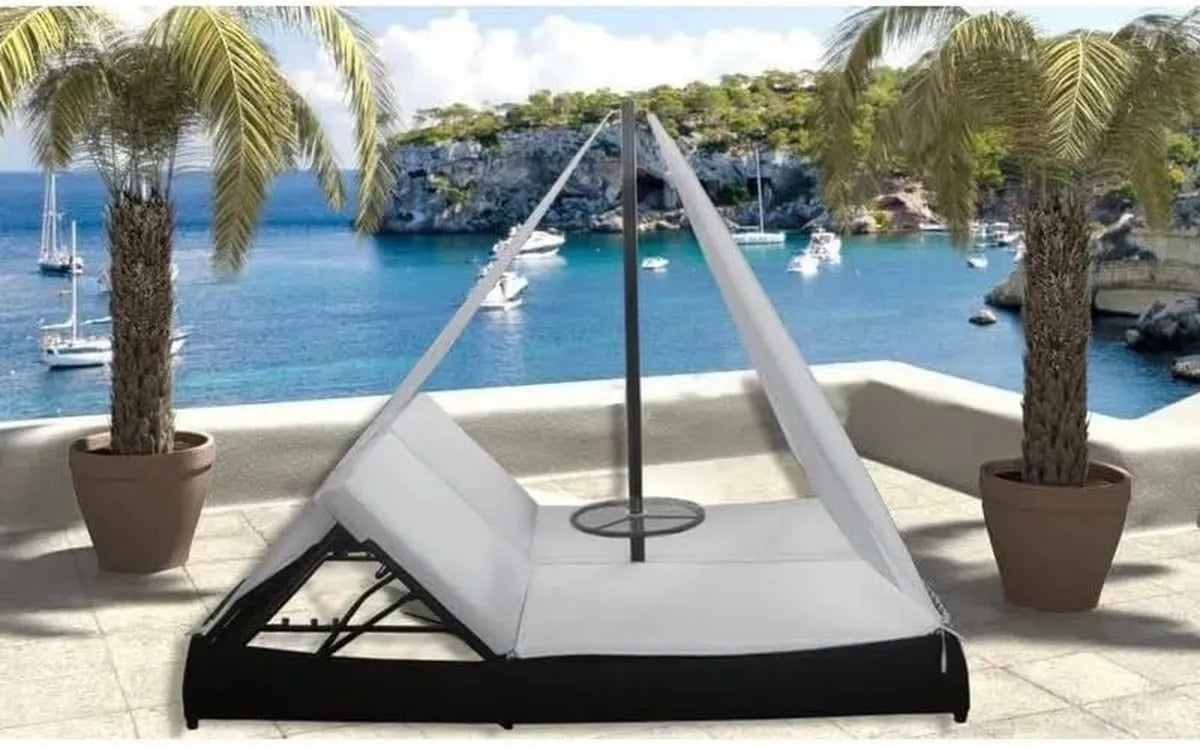 Set Lettino da Giardino in Rattan Nero con Cuscini Bianchi e Tenda Parasole