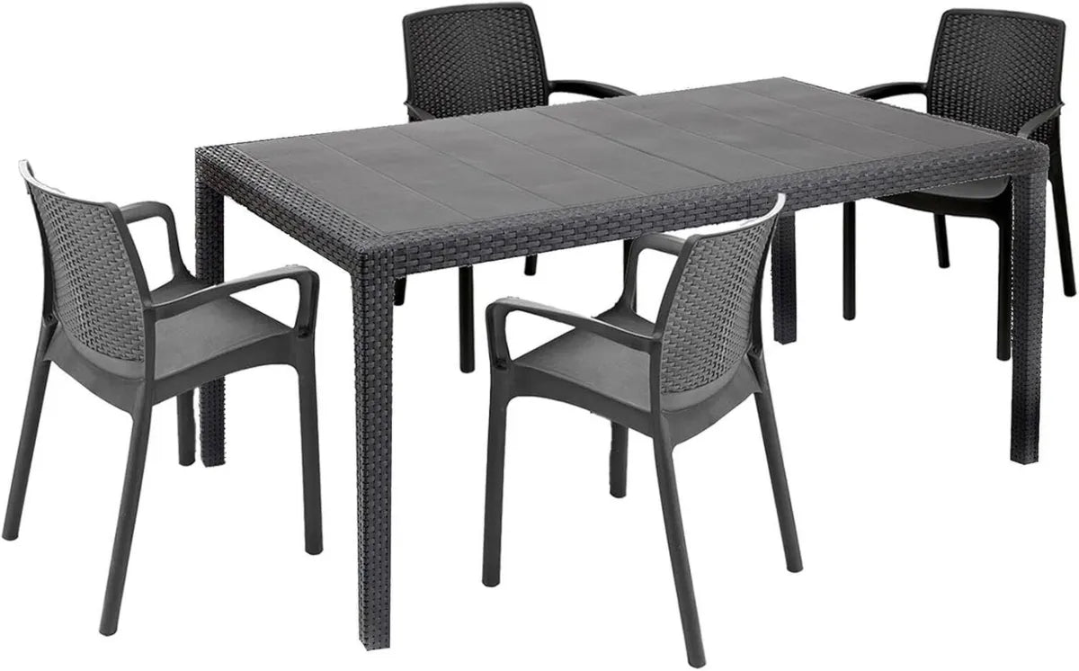 Dmora - Salotto da Giardino Tarquinia, Set per Esterni ed Interni con Tavolo e 4 Sedie Impilabili, Produzione Italiana, Color Antracite