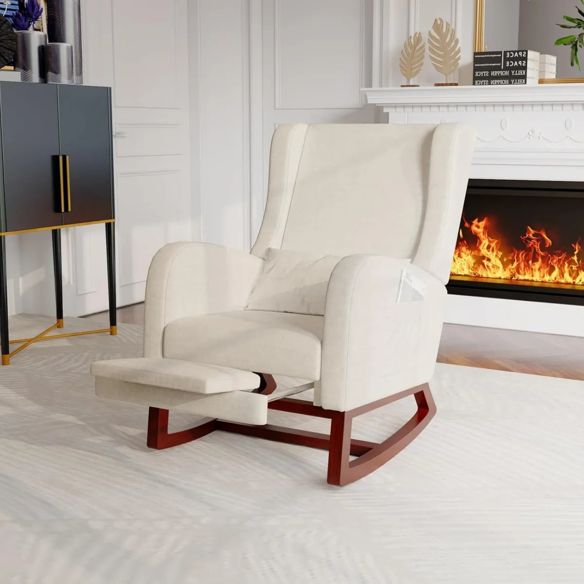 Poltrona a dondolo imbottita con cuscino lombare e tasche, ideale per allattamento e relax, schienale regolabile, beige