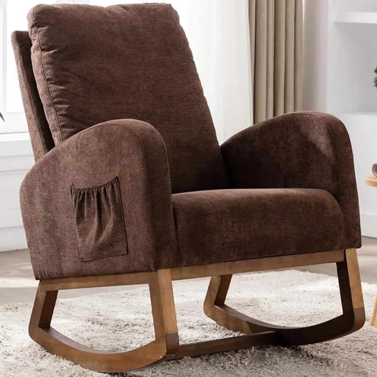 Poltrona a Dondolo in Tessuto Premium con Base in Legno Robusta per Casa e Ufficio, Colore Marrone