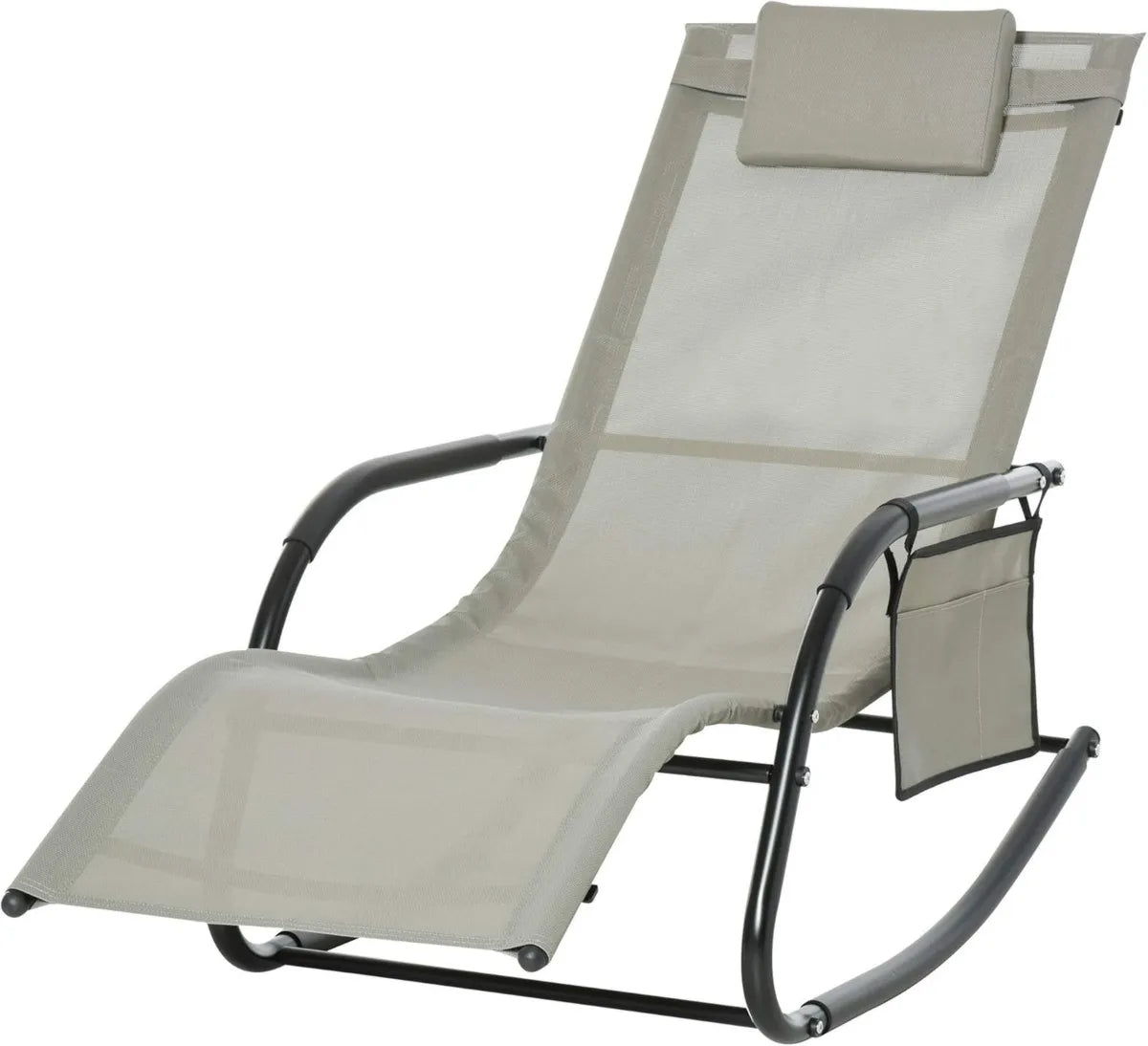 Outsunny Sedia a Dondolo da Giardino con Poggiatesta e Tasca, 150x62x88 cm, Nero e Grigio