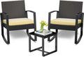 Set da Giardino in Rattan 3 Pezzi con Poltrone a Dondolo e Tavolino in Vetro, Beige