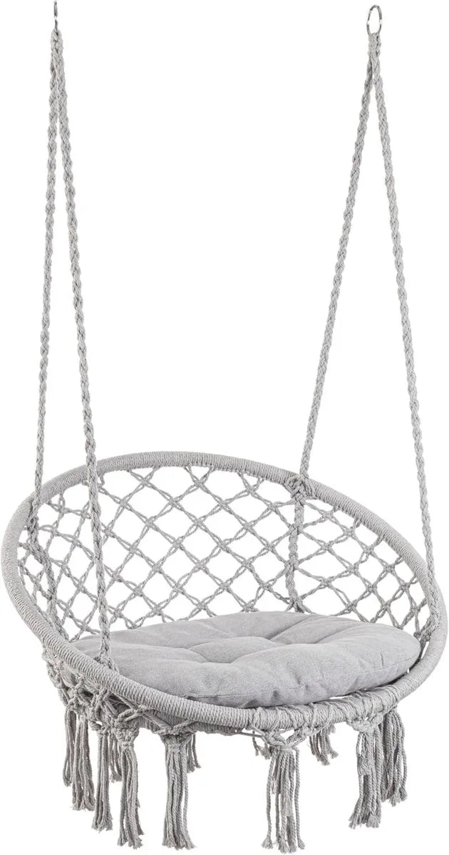 Poltrona Sospesa in Rattan Sintetico con Cuscino, per Interno ed Esterno, Grigia, Forma Tonda