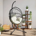 Sedia a uovo sospesa in rattan e acciaio con cuscino, beige, resistente alle intemperie, per esterni