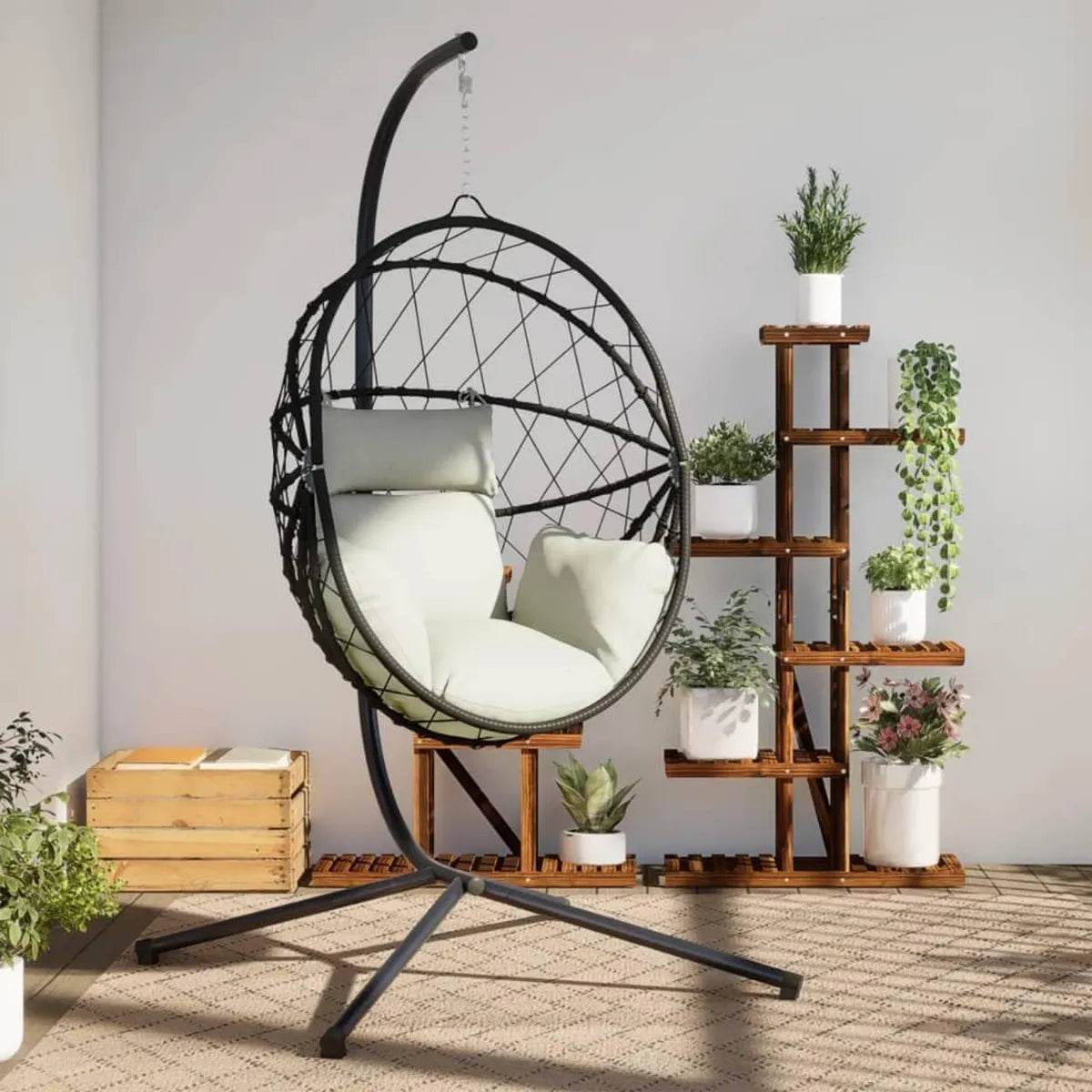Sedia a uovo sospesa in rattan e acciaio con cuscino, beige, resistente alle intemperie, per esterni