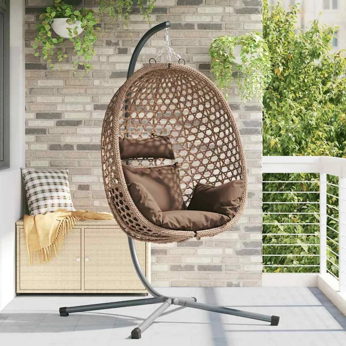 Poltrona Pensile in Polyrattan con Cuscino, Design Ergonomico per Giardino e Balcone