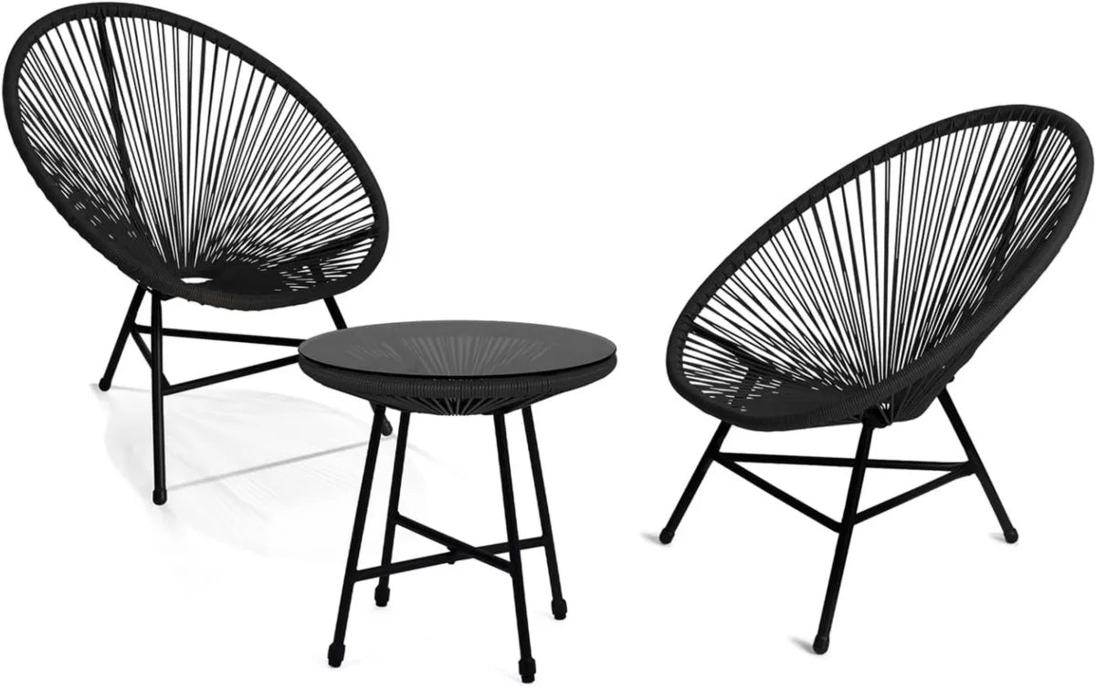 Set Arredo Giardino Izmir: Tavolo e 2 Poltrone a Uovo in Corda Nera