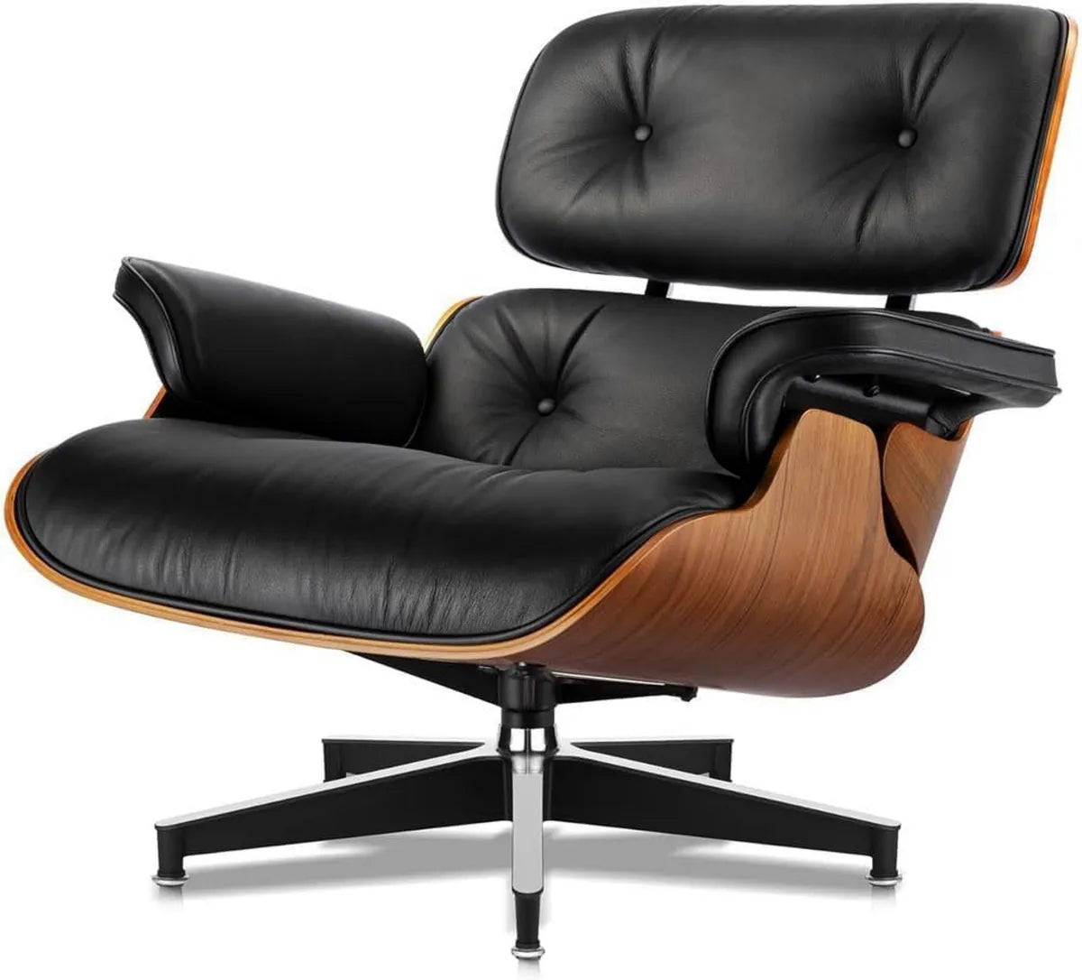 Poltrona Lounge in Pelle Girevole e Reclinabile con Poggiapiedi, Design Moderno, Base Solida in Legno di Noce, Adatta per Soggiorno, Studio e Ufficio, Colore Nero