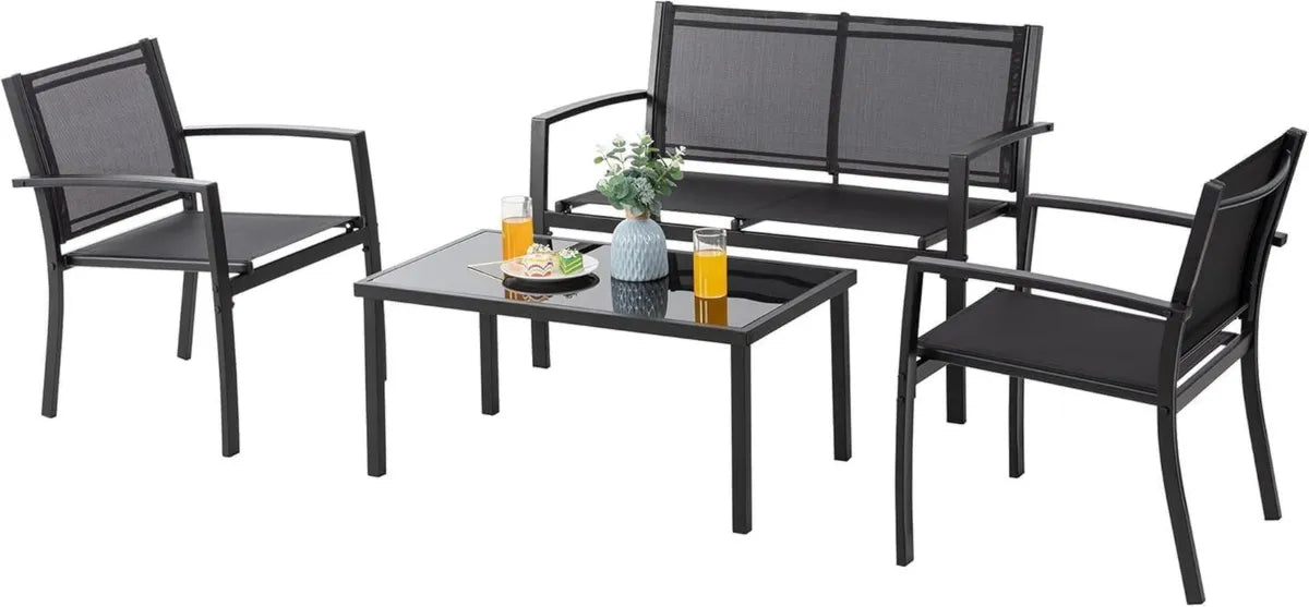 Set Salotto da Giardino Nero: 2 Poltrone, Divano e Tavolo in Vetro