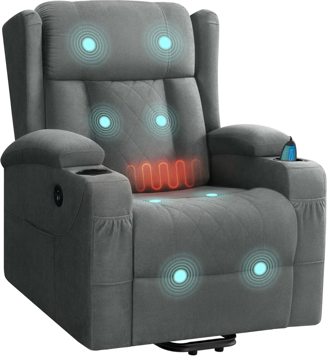 Poltrona Relax Elettrica con Massaggio e Riscaldamento, Alzapersone e Poggiapiedi, Tasca e Porta USB, Grigio