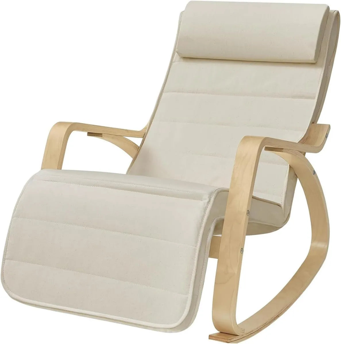 Sedia a Dondolo Reclinabile in Legno e Metallo con Poggiapiedi Regolabile, Rivestimento Sfoderabile, per Interno ed Esterno, Beige