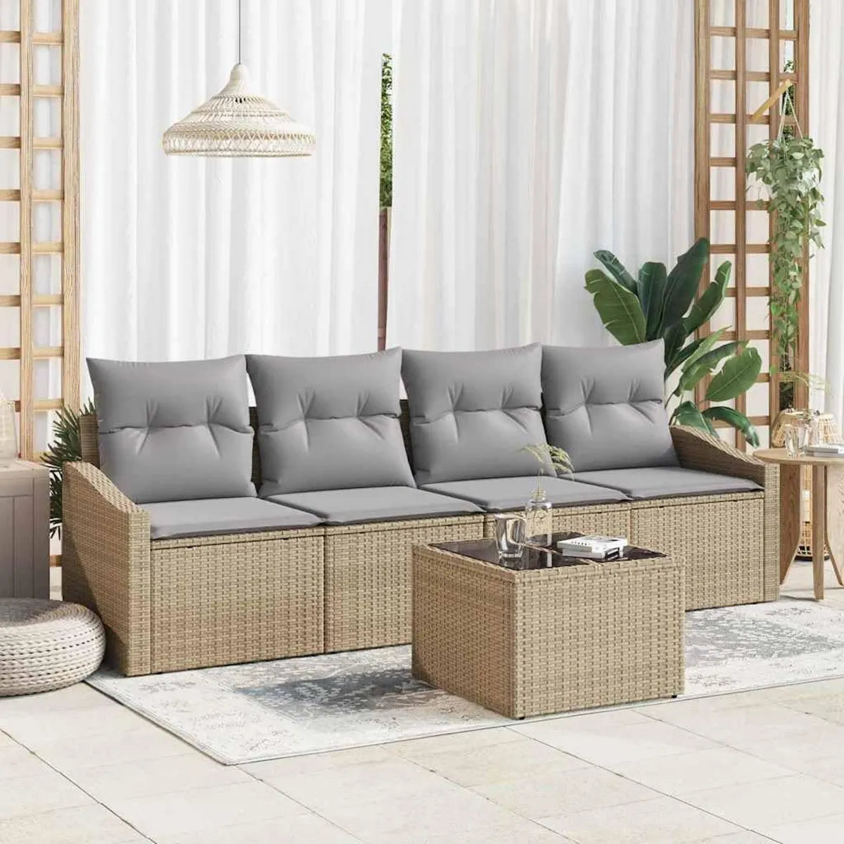Set di mobili da giardino in rattan sintetico a 5 pezzi, con cuscini impermeabili per esterni