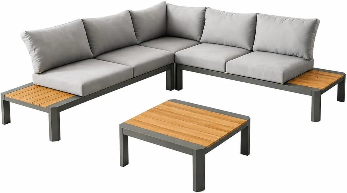 Set da Giardino Moderne Sydney: Divano Angolare in Alluminio e Teak con Cuscini e Tavolino
