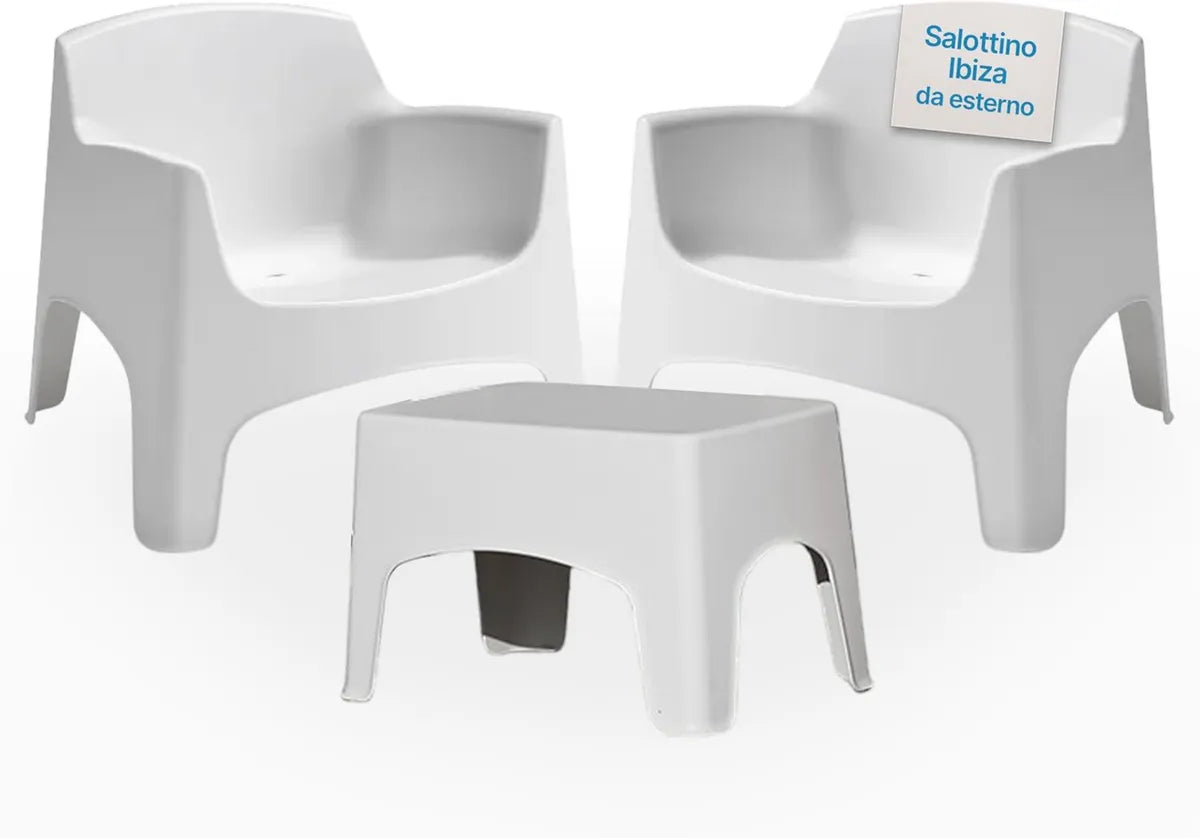 Set Arredo Giardino Ibiza: 2 Poltrone Impilabili con Braccioli e Tavolino Bianco