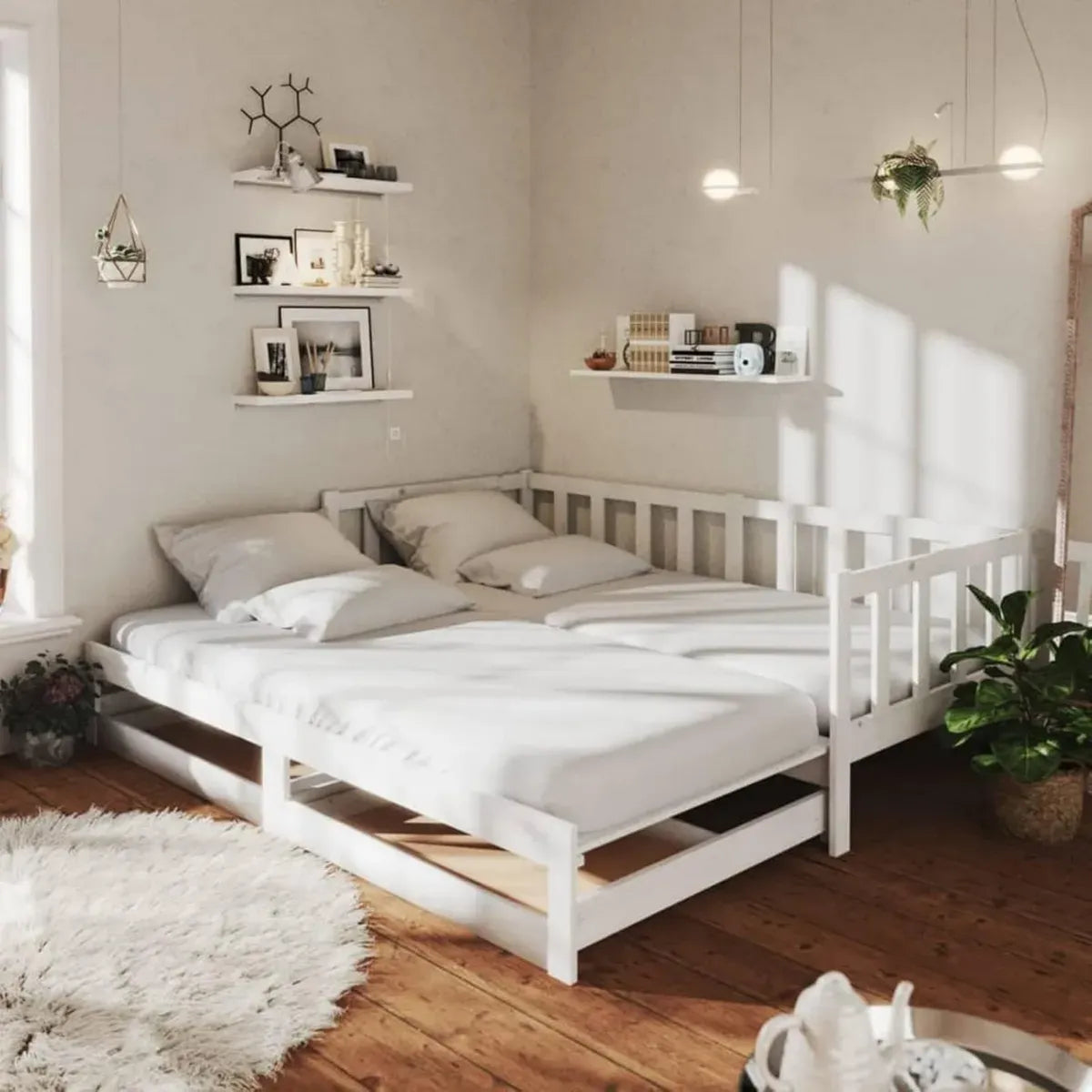Divano Letto Estraibile in Pino Massello Bianco 90x200 cm per Interni ed Esterni