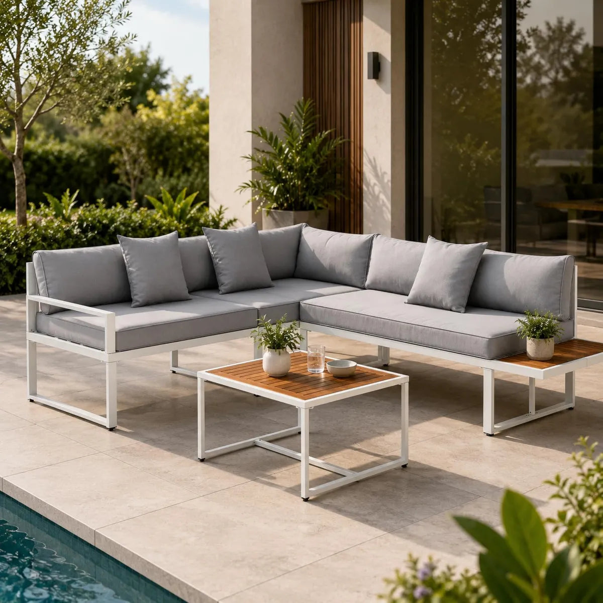 Set da giardino St. Tropez per 4 persone con tavolo e divano angolare