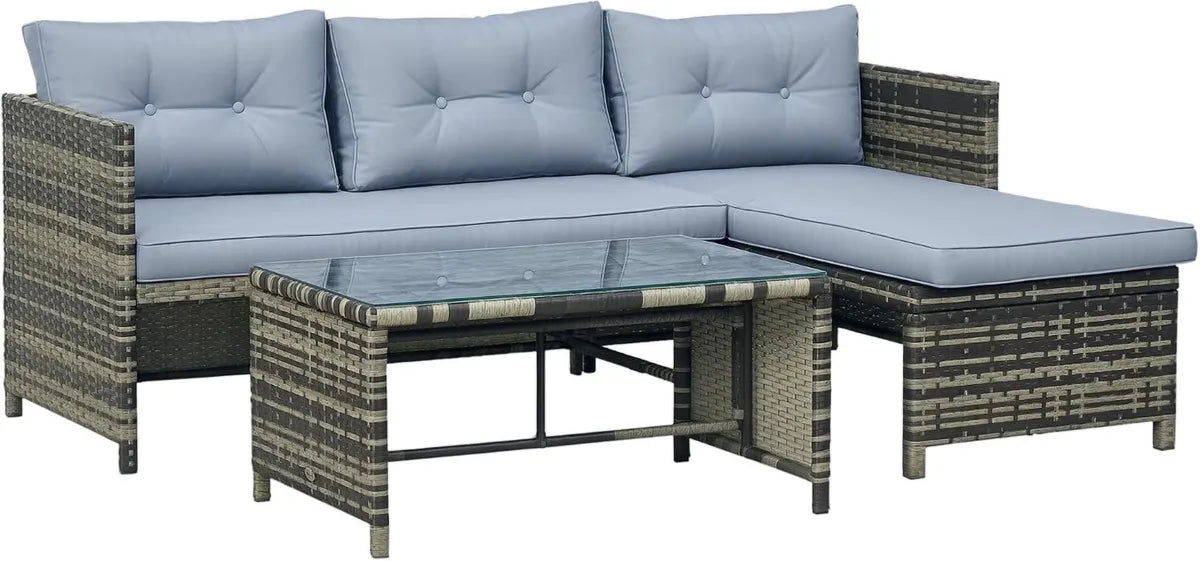 Set da Giardino in Rattan PE con Divano e Tavolino, Cuscini Inclusi, Grigio