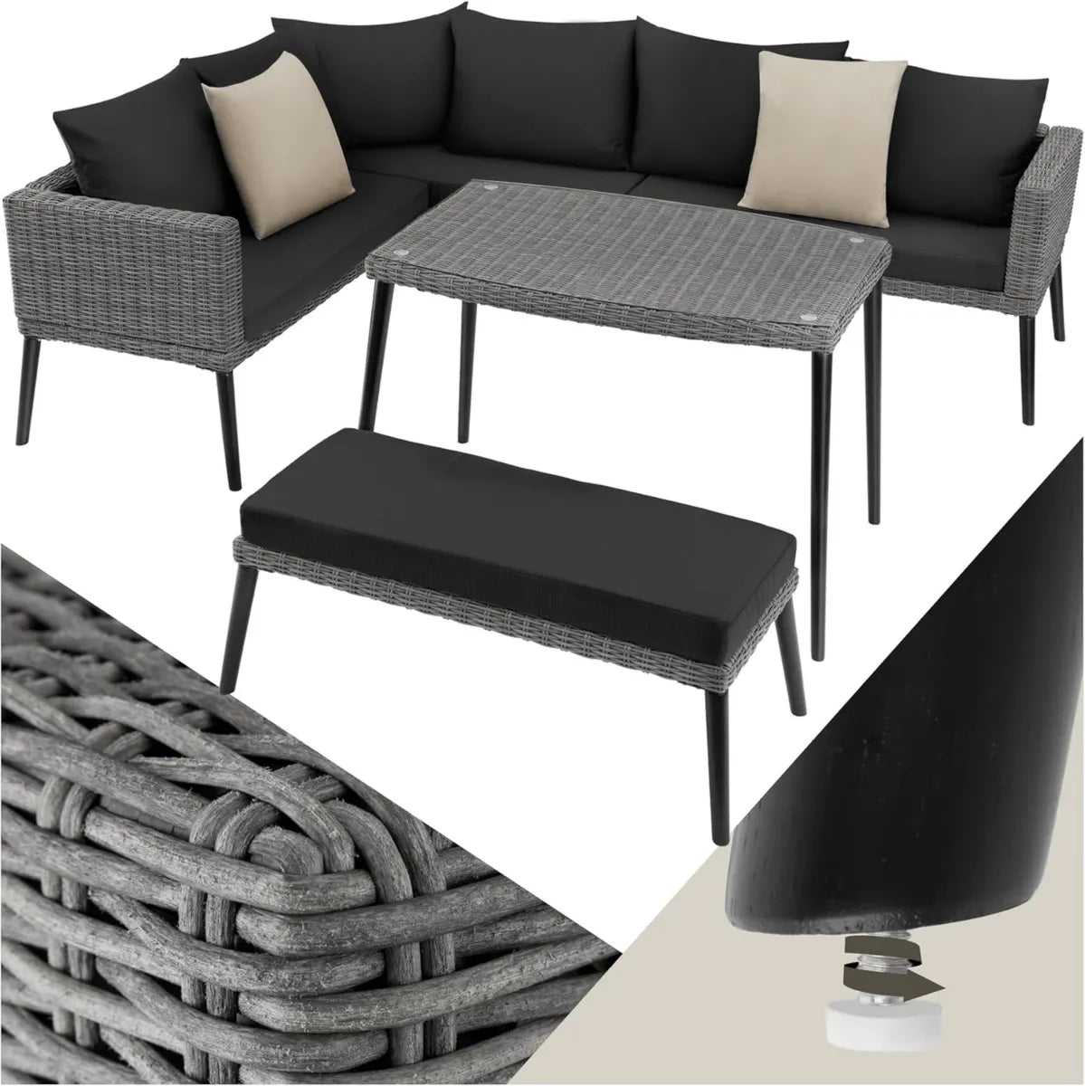 Set Salotto in Rattan con Telaio in Alluminio e Tavolino in Vetro, Cuscini Spessi, Resistente ai UV - Grigio