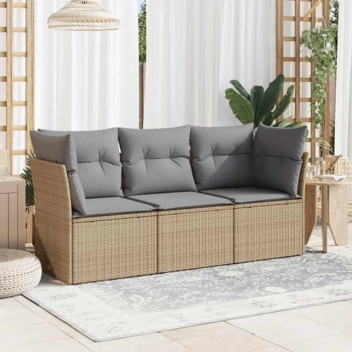 Set Divano da Giardino 3 Pezzi in Polyrattan con Cuscini Beige