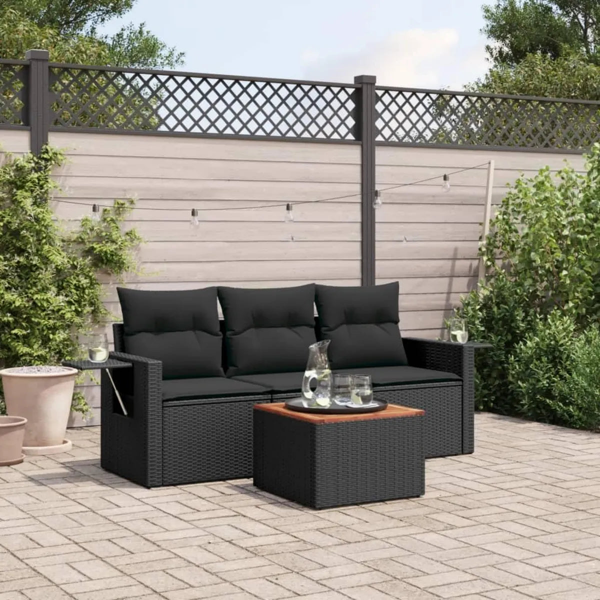 Set Salotto da Giardino 4 Pezzi in Polyrattan con Cuscini Neri