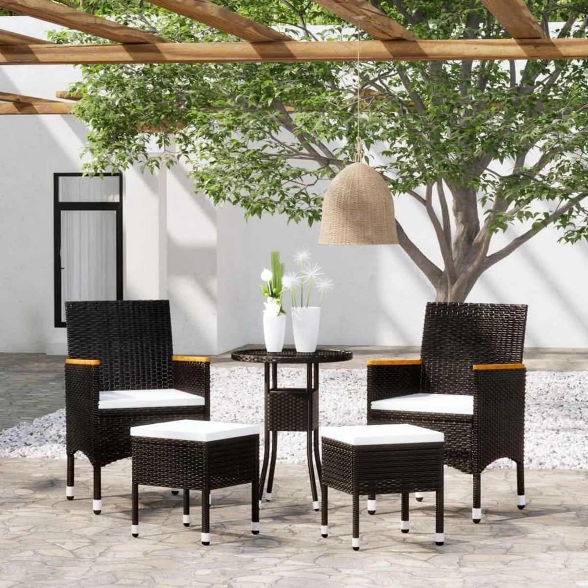 Set di Divani da Giardino in Polyrattan Nero, 5 Pezzi, Modulare