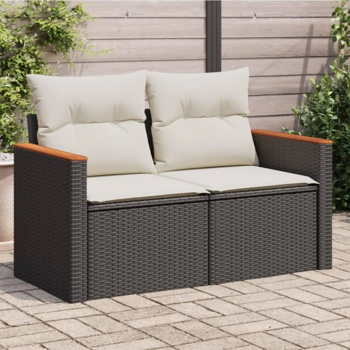 Divano Modulare da Giardino in Polyrattan Nero con Cuscini a 2 Posti