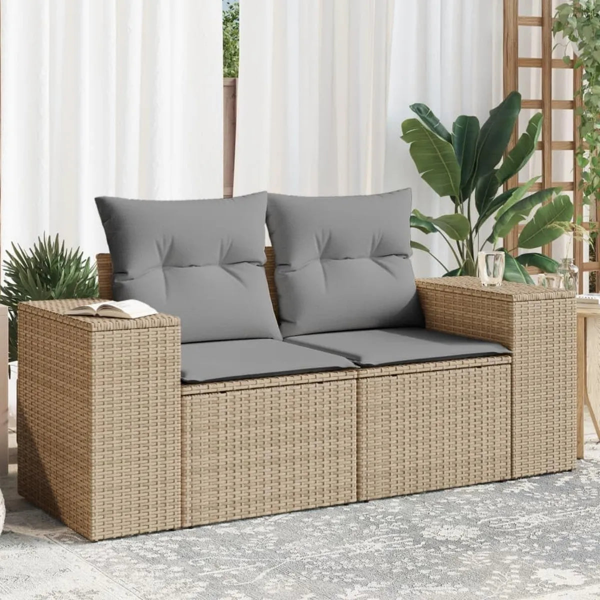 Divano Modulare da Giardino in Polyrattan Beige a 2 Posti con Cuscini