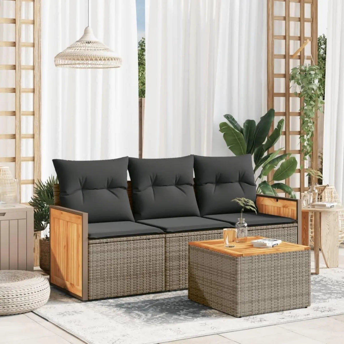 Set di Divani da Giardino 4 Pezzi in Polirattan Grigio con Cuscini