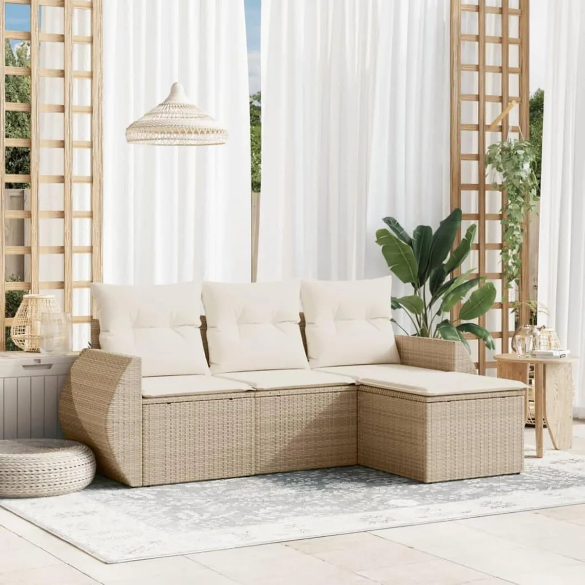 Set Salotto da Giardino 4 Pezzi in Polyrattan Beige con Cuscini Morbidi